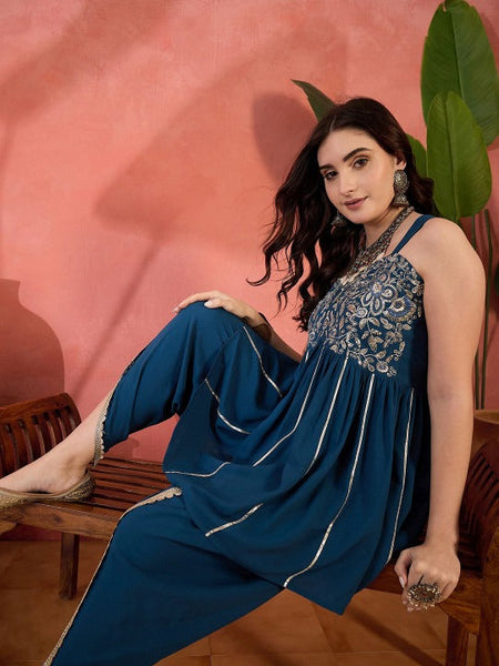 Women Ethnic Motif Embroidered Sequinned A-Line Kurti with Dhoti Pants VitansEthnics