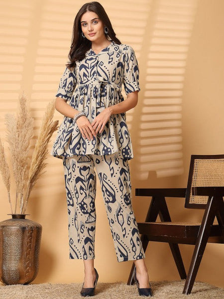 Women Printed Pure Cotton Top With Trousers Co-Ords Set VitansEthnics