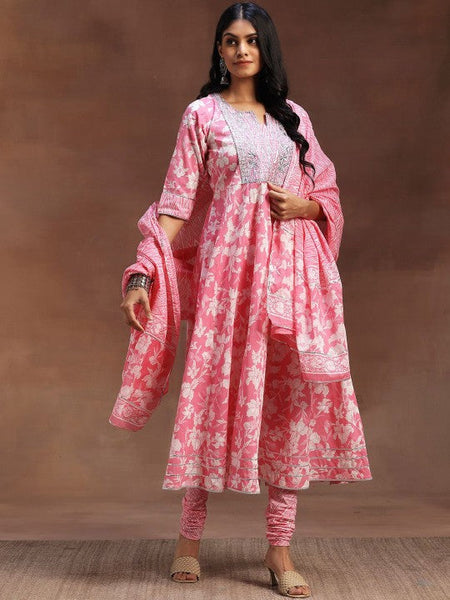 Women Floral Printed Panelled Thread Work Pure Cotton Anarkali Kurta & Churidar & Dupatta VitansEthnics