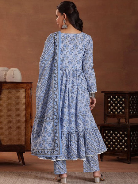 Women Floral Printed Angrakha Pure Cotton Anarkali Kurta with Trousers & Dupatta VitansEthnics