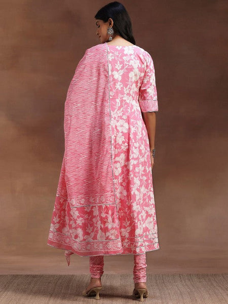 Women Floral Printed Panelled Thread Work Pure Cotton Anarkali Kurta & Churidar & Dupatta VitansEthnics