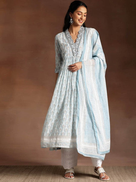 Women Grey Floral Printed V-Neck Flared Pure Cotton A-Line Kurta With Palazzos & Dupatta VitansEthnics
