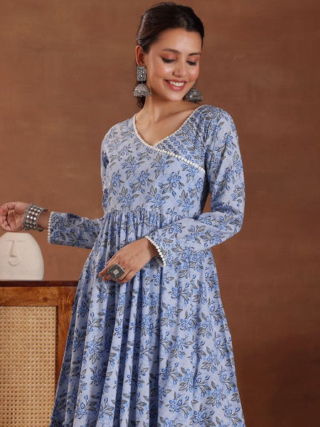 Women Floral Printed Angrakha Pure Cotton Anarkali Kurta with Trousers & Dupatta VitansEthnics