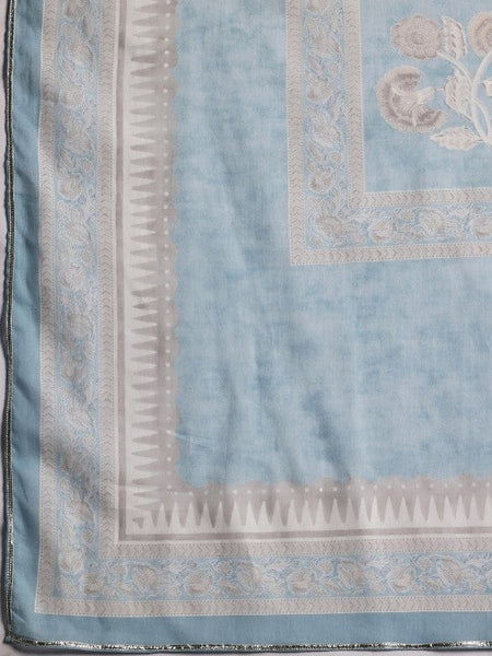 Women Grey Floral Printed V-Neck Flared Pure Cotton A-Line Kurta With Palazzos & Dupatta VitansEthnics