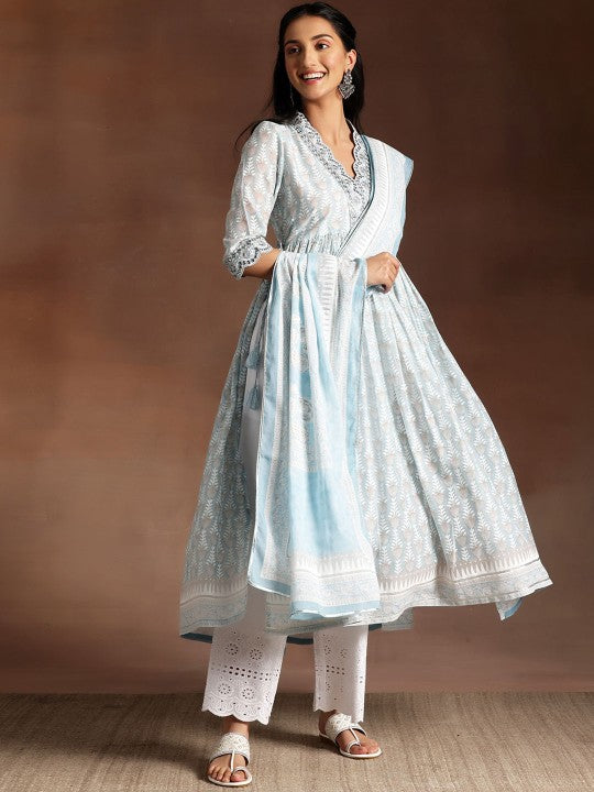 Women Grey Floral Printed V-Neck Flared Pure Cotton A-Line Kurta With Palazzos & Dupatta VitansEthnics