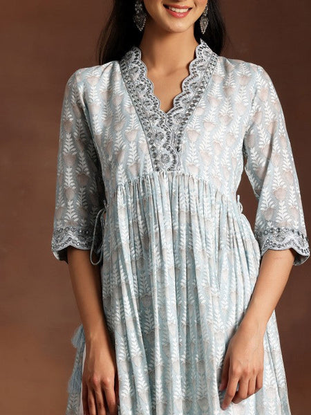 Women Grey Floral Printed V-Neck Flared Pure Cotton A-Line Kurta With Palazzos & Dupatta VitansEthnics