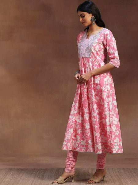 Women Floral Printed Panelled Thread Work Pure Cotton Anarkali Kurta & Churidar & Dupatta VitansEthnics