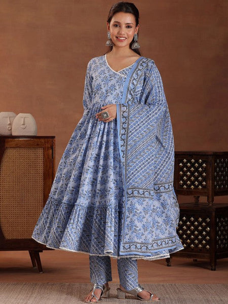 Women Floral Printed Angrakha Pure Cotton Anarkali Kurta with Trousers & Dupatta VitansEthnics