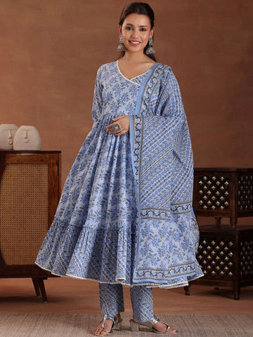 Women Floral Printed Angrakha Pure Cotton Anarkali Kurta with Trousers & Dupatta VitansEthnics
