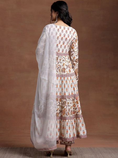 Women V Neck Long Sleeves Floral Printed Panelled Pure Cotton Kurta with Palazzo & Dupatta VitansEthnics