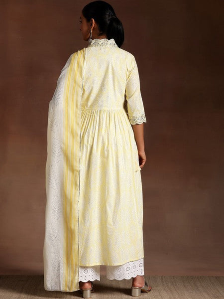 Women Floral Printed Pleated Mirror Work Pure Cotton Kurta with Palazzos & Dupatta VitansEthnics