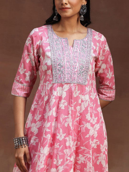 Women Floral Printed Panelled Thread Work Pure Cotton Anarkali Kurta & Churidar & Dupatta VitansEthnics