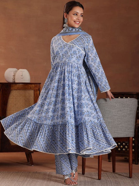 Women Floral Printed Angrakha Pure Cotton Anarkali Kurta with Trousers & Dupatta VitansEthnics
