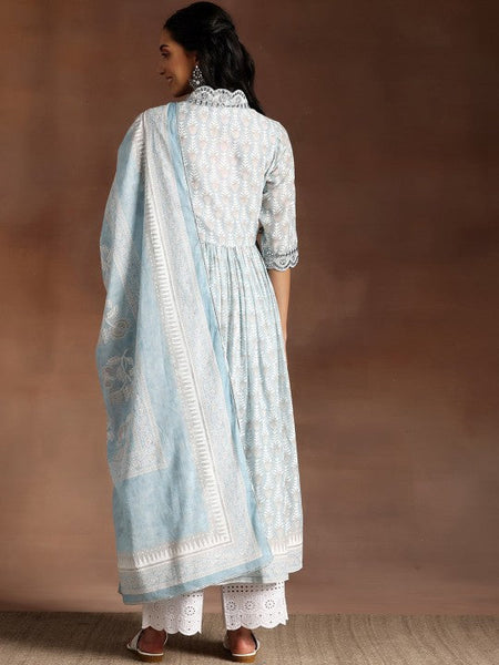 Women Grey Floral Printed V-Neck Flared Pure Cotton A-Line Kurta With Palazzos & Dupatta VitansEthnics