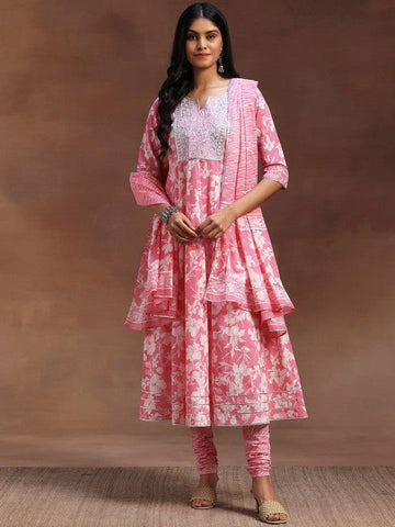 Women Floral Printed Panelled Thread Work Pure Cotton Anarkali Kurta & Churidar & Dupatta VitansEthnics