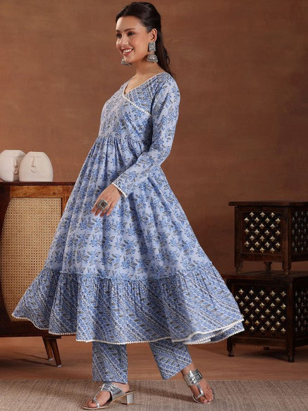 Women Floral Printed Angrakha Pure Cotton Anarkali Kurta with Trousers & Dupatta VitansEthnics