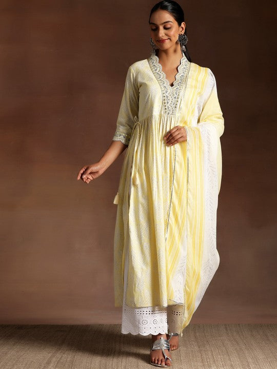 Women Floral Printed Pleated Mirror Work Pure Cotton Kurta with Palazzos & Dupatta VitansEthnics