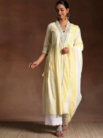 Women Floral Printed Pleated Mirror Work Pure Cotton Kurta with Palazzos & Dupatta VitansEthnics