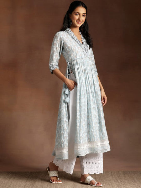 Women Grey Floral Printed V-Neck Flared Pure Cotton A-Line Kurta With Palazzos & Dupatta VitansEthnics