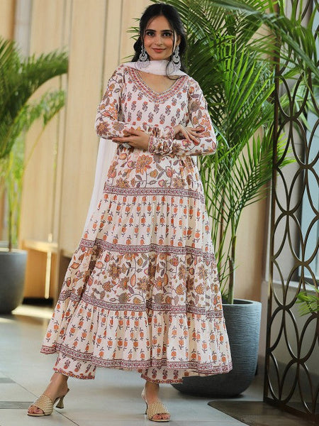 Women V Neck Long Sleeves Floral Printed Panelled Pure Cotton Kurta with Palazzo & Dupatta VitansEthnics