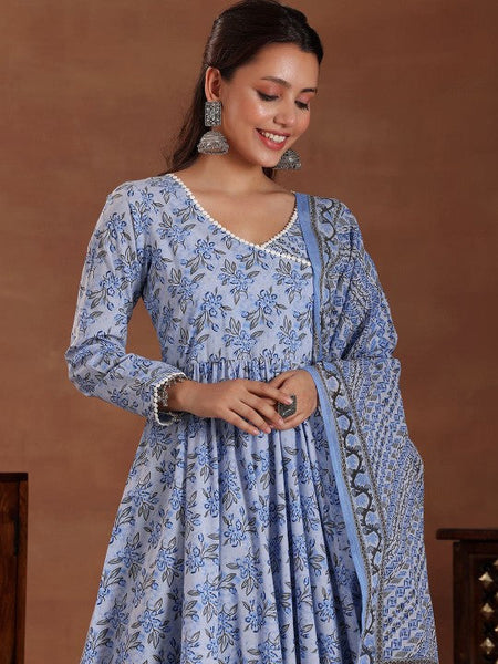 Women Floral Printed Angrakha Pure Cotton Anarkali Kurta with Trousers & Dupatta VitansEthnics