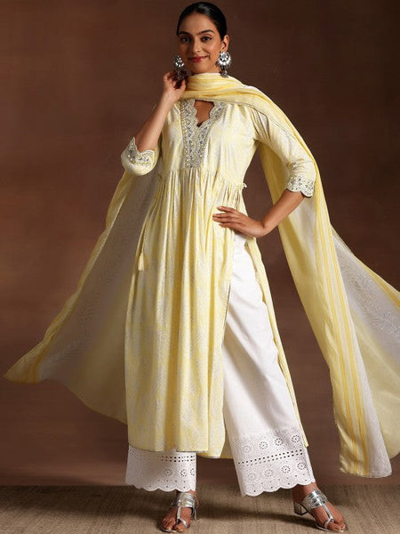 Women Floral Printed Pleated Mirror Work Pure Cotton Kurta with Palazzos & Dupatta VitansEthnics