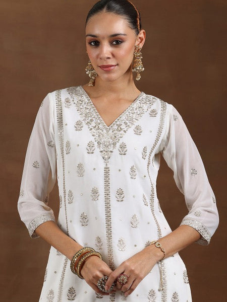 Women Floral Embroidered Sequinned Georgette Straight Kurti With Palazzos & Dupatta VitansEthnics