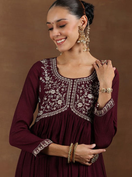 Women Floral Yoke Design Pleated Sequinned A-Line Kurta With Trouser & Dupatta VitansEthnics