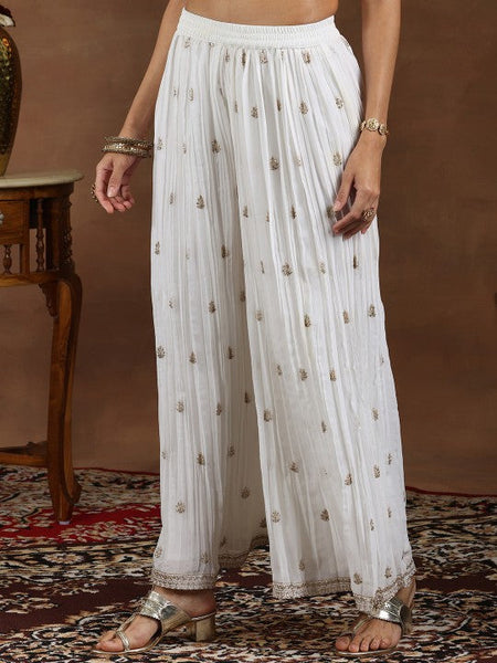 Women Floral Embroidered Sequinned Georgette Straight Kurti With Palazzos & Dupatta VitansEthnics