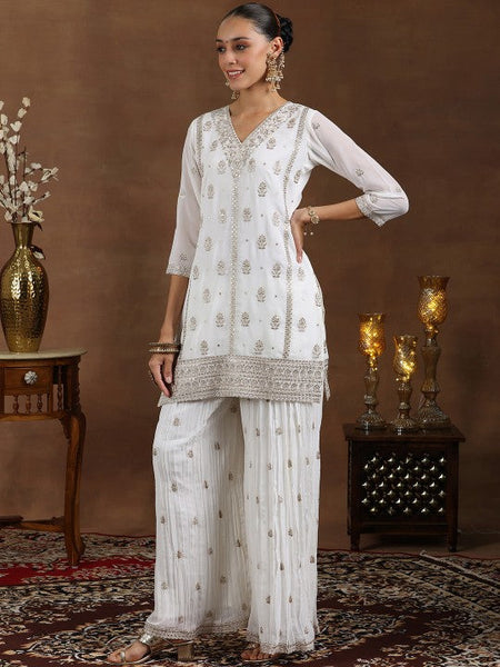Women Floral Embroidered Sequinned Georgette Straight Kurti With Palazzos & Dupatta VitansEthnics