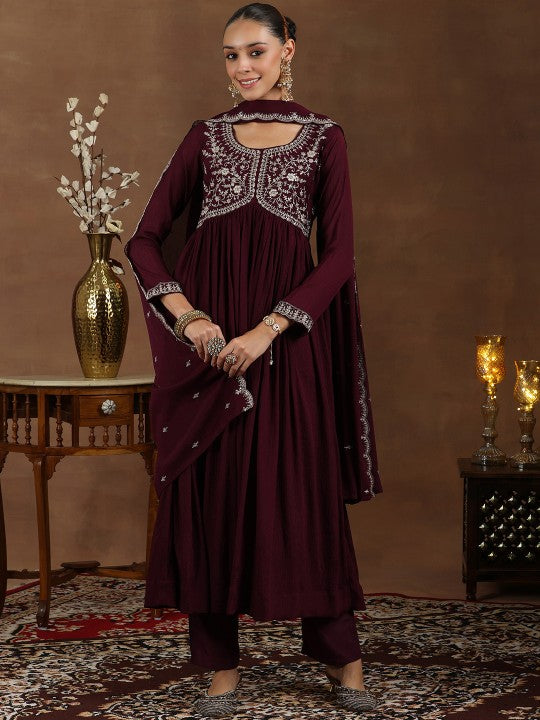 Women Floral Yoke Design Pleated Sequinned A-Line Kurta With Trouser & Dupatta VitansEthnics