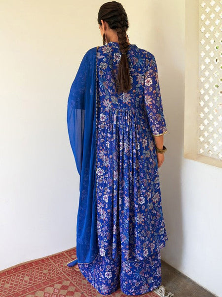 Women Floral Printed Mandarin Collar Gotta Patti Anarkali Kurta With Palazzos & Dupatta VitansEthnics