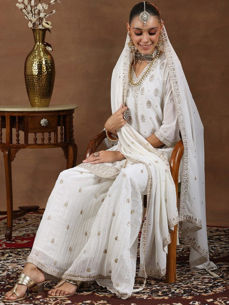 Women Floral Embroidered Sequinned Georgette Straight Kurti With Palazzos & Dupatta VitansEthnics