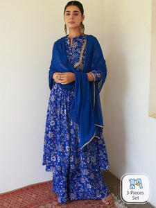 Women Floral Printed Mandarin Collar Gotta Patti Anarkali Kurta With Palazzos & Dupatta VitansEthnics