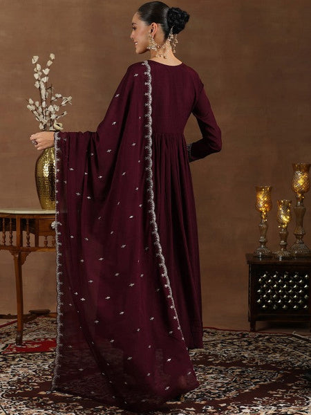 Women Floral Yoke Design Pleated Sequinned A-Line Kurta With Trouser & Dupatta VitansEthnics