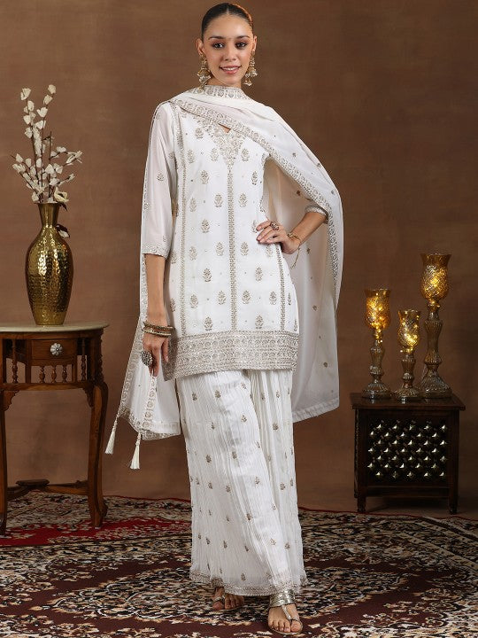 Women Floral Embroidered Sequinned Georgette Straight Kurti With Palazzos & Dupatta VitansEthnics