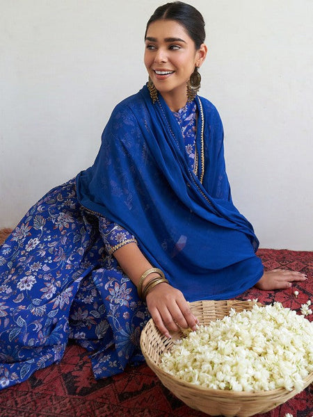 Women Floral Printed Mandarin Collar Gotta Patti Anarkali Kurta With Palazzos & Dupatta VitansEthnics