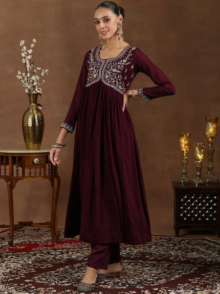 Women Floral Yoke Design Pleated Sequinned A-Line Kurta With Trouser & Dupatta VitansEthnics