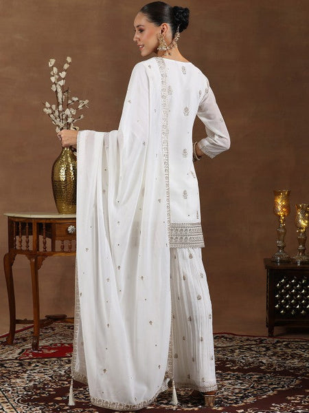 Women Floral Embroidered Sequinned Georgette Straight Kurti With Palazzos & Dupatta VitansEthnics