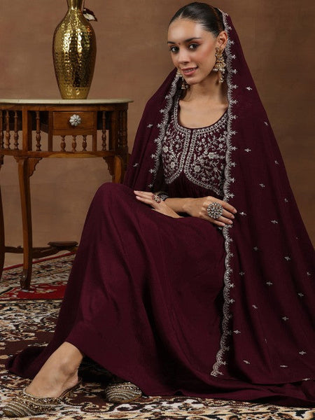 Women Floral Yoke Design Pleated Sequinned A-Line Kurta With Trouser & Dupatta VitansEthnics
