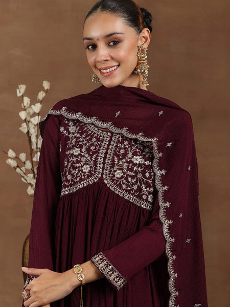 Women Floral Yoke Design Pleated Sequinned A-Line Kurta With Trouser & Dupatta VitansEthnics