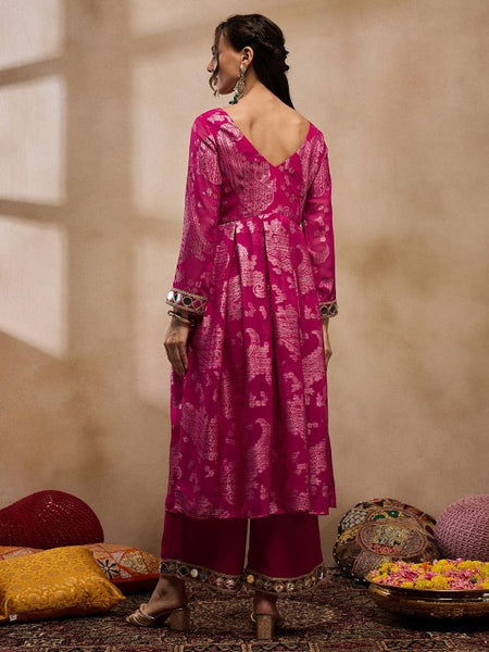 5Woven Pleated Mirror Work Jacquard Anarkali Kurta With Palazzo, Indian Dress, Wedding Guest Party Wear Indo Western Outfit, Palazzo Suit Set VitansEthnics