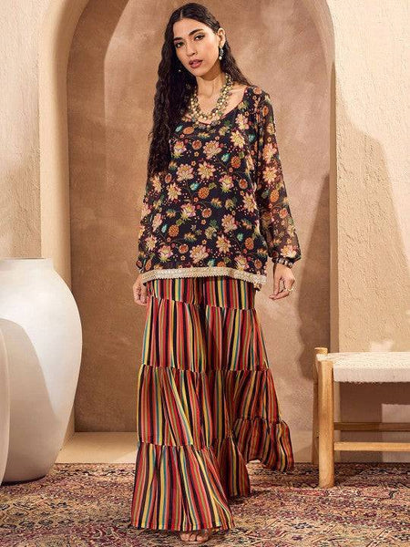 Long Sleeves Floral Printed Kurta with Sharara Indo Western Outfit Set VitansEthnics