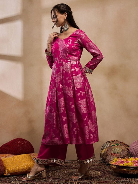5Woven Pleated Mirror Work Jacquard Anarkali Kurta With Palazzo, Indian Dress, Wedding Guest Party Wear Indo Western Outfit, Palazzo Suit Set VitansEthnics
