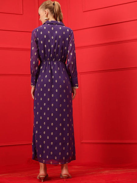 Printed Cuffed Sleeves Maxi Ethnic Dress For Women, Indian Dhoti Dress For Women, Indo Western Outfit, Shirt Style Maxi Dress For Women VitansEthnics