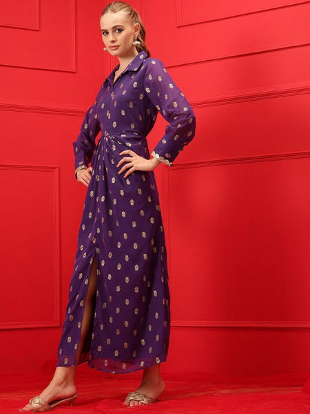Printed Cuffed Sleeves Maxi Ethnic Dress For Women, Indian Dhoti Dress For Women, Indo Western Outfit, Shirt Style Maxi Dress For Women VitansEthnics