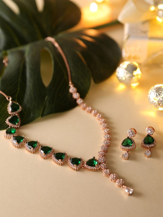 Green Rose Gold-Plated American Diamond CZ Pearl Jewelry Set VitansEthnics