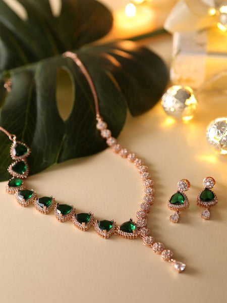 Green Rose Gold-Plated American Diamond CZ Pearl Jewelry Set VitansEthnics