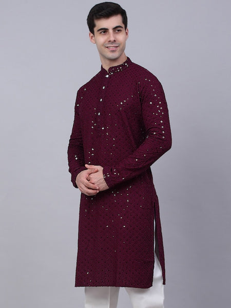 Men Wine Geometric Sequin Embroidered Kurta VitansEthnics