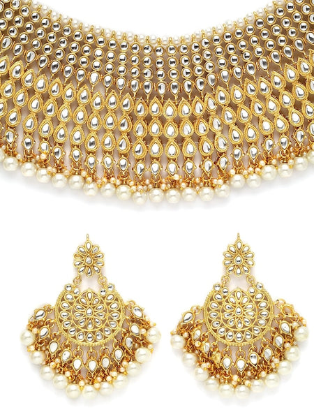 Gold-Plated & White Kundan-Studded & Beaded Bridal Jewelry Set VitansEthnics